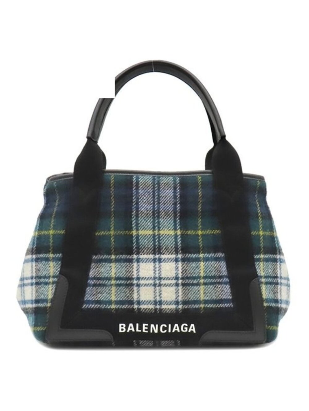 Balenciaga Tote Bag Navy Cabas S Wool Leather Green White Silver Plaid Logo